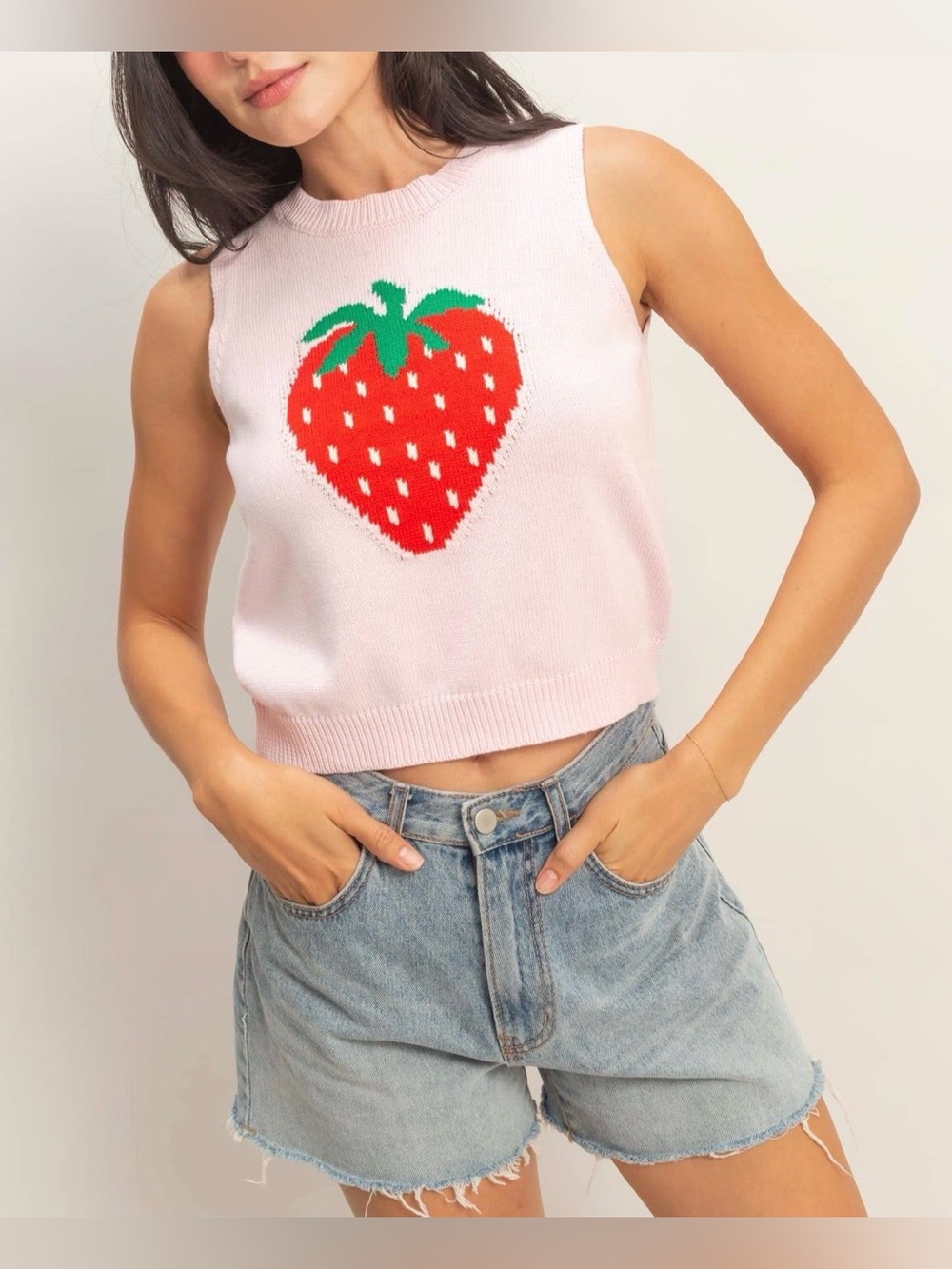 Double Zero Pink Knit Tank with Red Strawberry Graphic